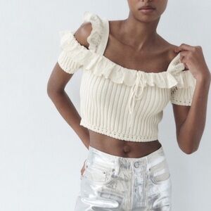 Zara Beige Ruffle Knit Crop Top